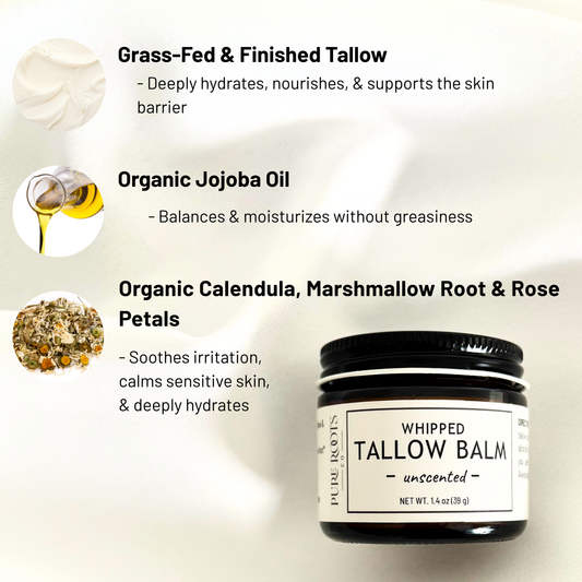 Tallow balm jar showing ingredients and skin benefits on white background
