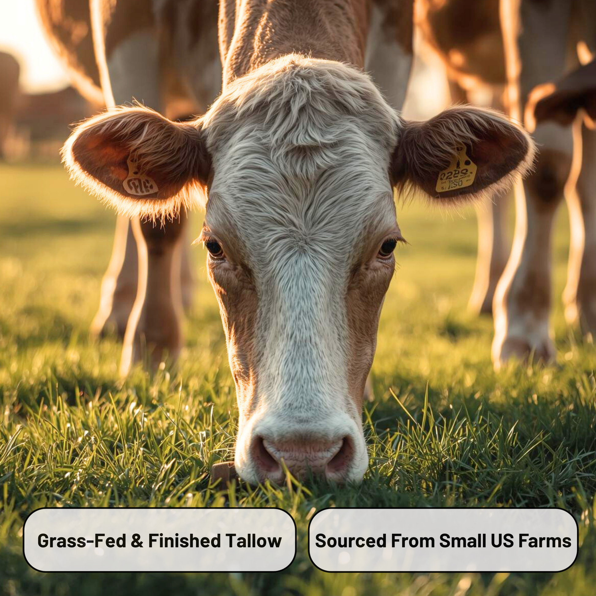 Close-up of a cow in a grassy field with text about grass-fed and finished tallow.