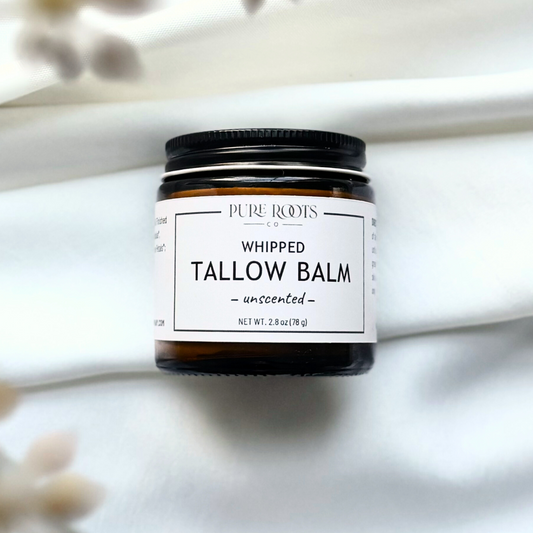 Jar of 'Whipped Tallow Balm' with a white label on a light background